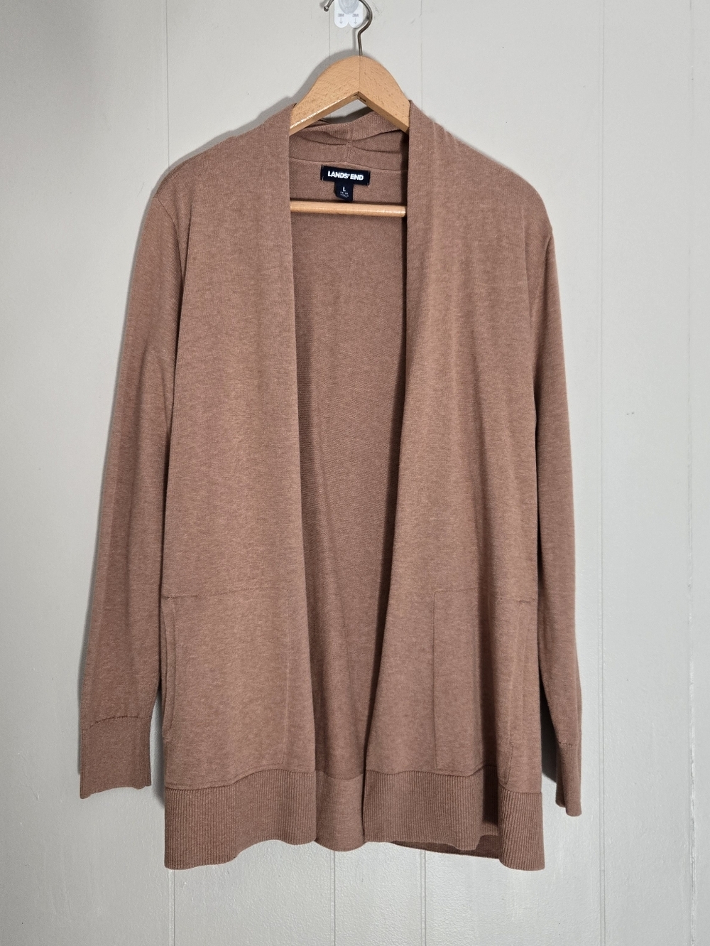 Lands' End Open Front Cardigan Brown Pockets Cotton Layering Cozy L